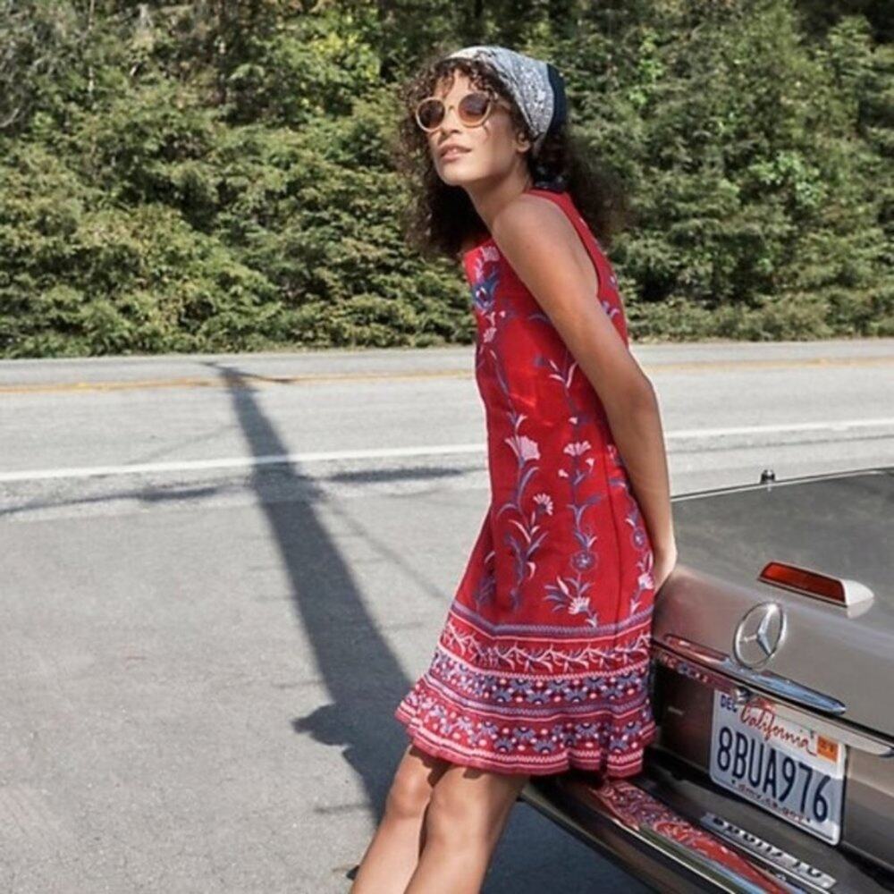 ANTHROPOLOGIE Akemi+Kin Lila Embroidered Red Floral Linen Blend Sleeveless Dress